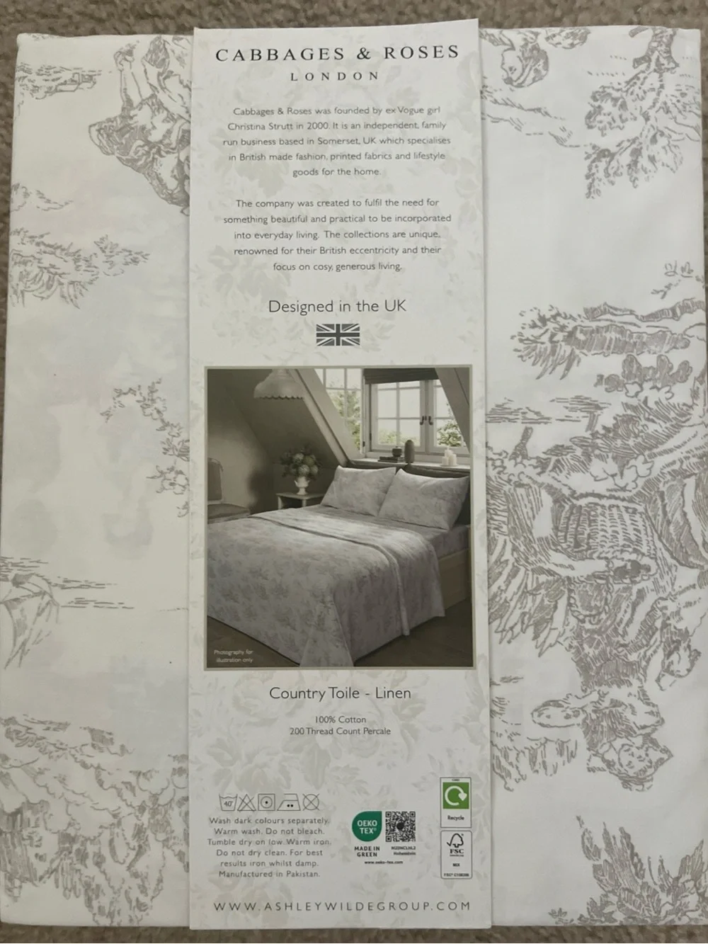 Cabbages & Roses London England Toile Linen 100% Cotton Percale Queen Sheet